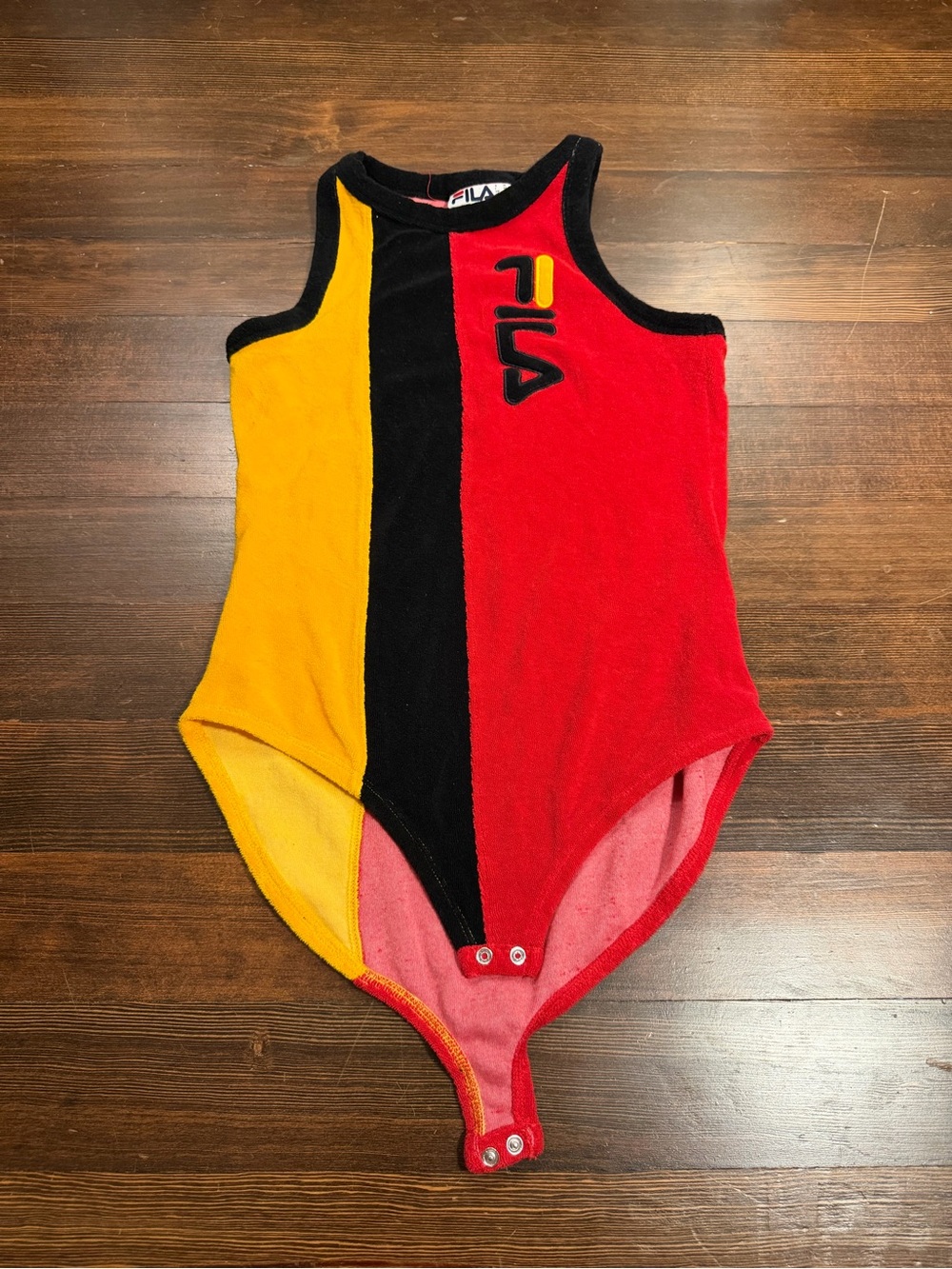 FILA Colorblock Terry Cloth Bodysuit Medium Red Yellow Black Logo Leotard